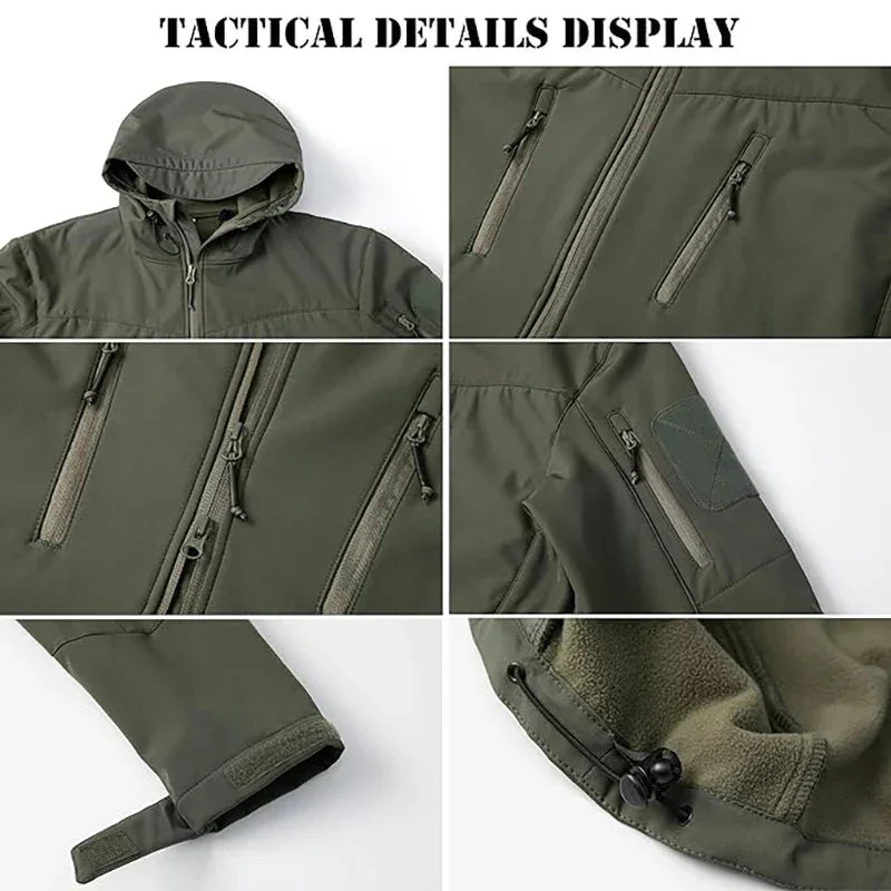Men's Waterproof Softshell Tactical Jacket Winter Windproof Fleece Hoodie Jacket Outdoor Hiking Skiing Windbreaker Coat - Evallys.com