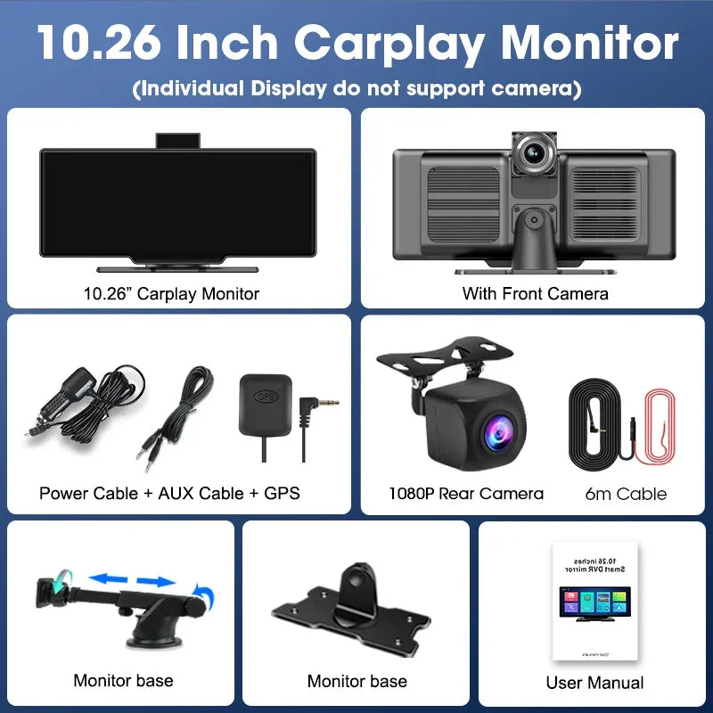 10.26'' Dash Cam 4K Car Mirror Video Player Wireless Carplay Android Auto GPS Car Monitor Multimedia Rearview Camera Dashboard - Evallys.com