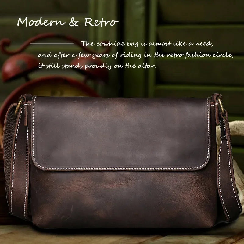 Crazy Horse Leather Men's Shoulder Bag Genuine Leather Small Bag Crossbody Cowhide Bag for Man High Quality Men Satchel Bags - Evallys.com