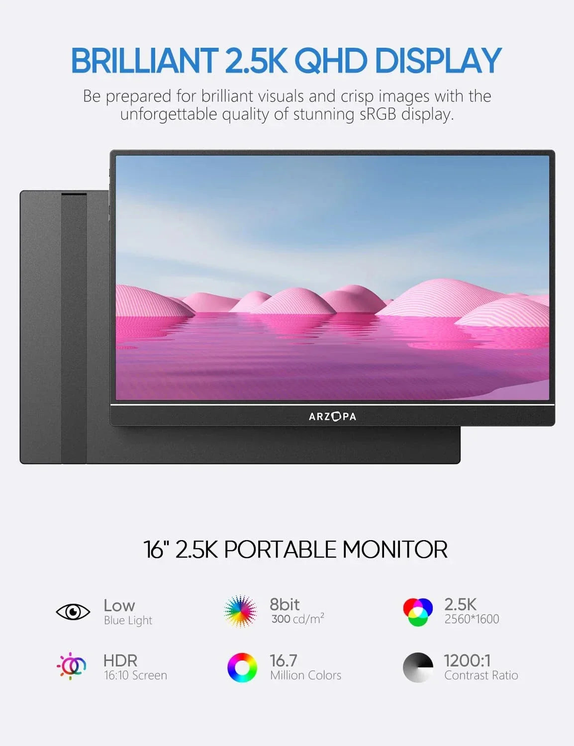 ARZOPA 16inch 2K Portable Monitor 16:10 IPS Screen with type-c mini hdmi Second Display for MAC/Laptop/PC/Xbox/PS4/5/Switch,Z1RC - Evallys.com