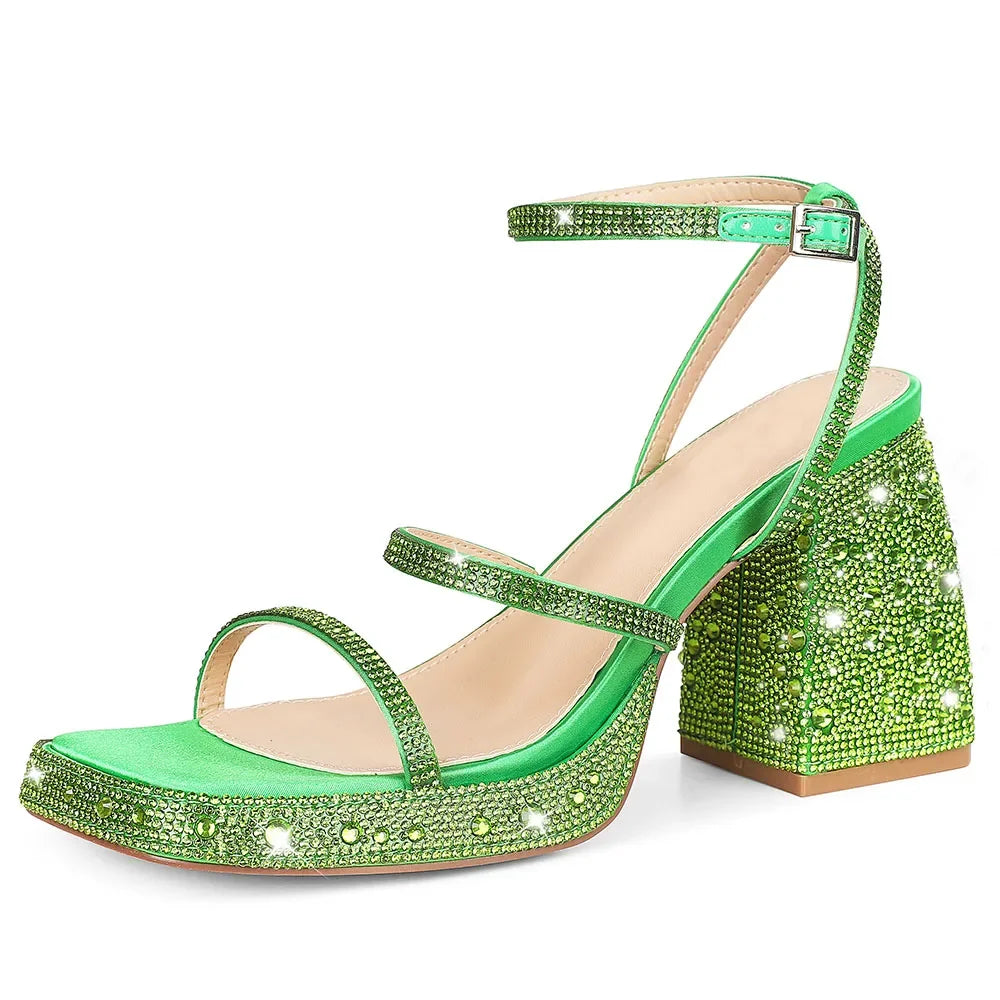 GIGIFOX Shiny Crystals Women Sandals Platform Chunky High Heel Ankle Strap Buckle Strap Shoes Sexy Elegant Dress Party Sandals - Evallys.com