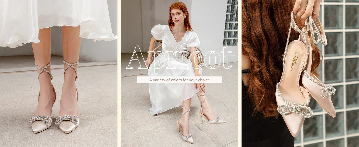 Women's Rhinestone Bow Heels Ankle Strap Pointed Toe Stiletto Heeled Sandals Wedding Bridal Dress Pumps Shoes - Evallys.com