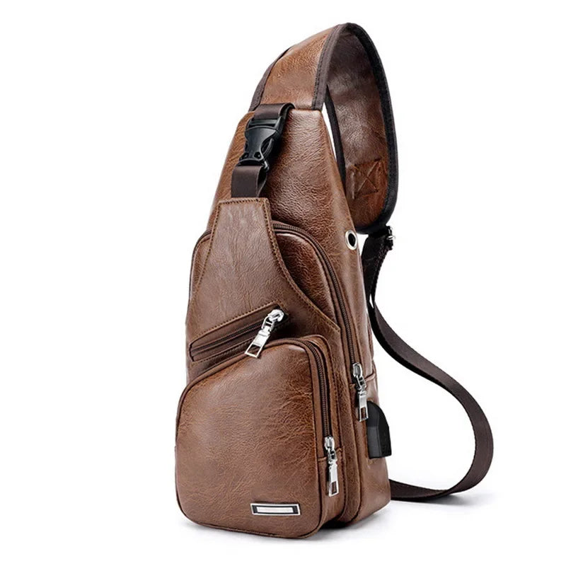 Men’s PU Leather Chest Bag – USB Charging Travel Crossbody Messenger - Evallys.com