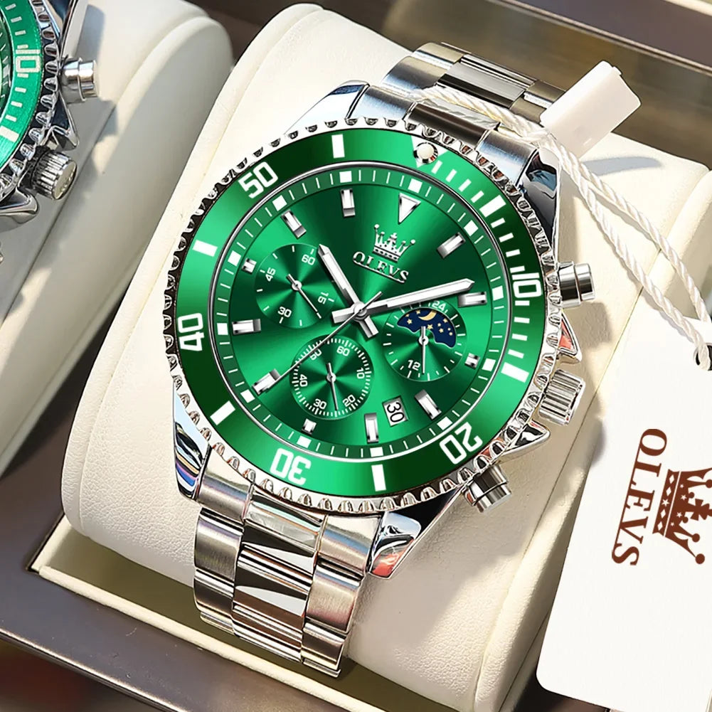 OLEVS Men's Watches Top Brand Luxury Watch for Men Original Waterproof Stainless Steel Chronograph Moon Phase Date Rota Dial - Evallys.com