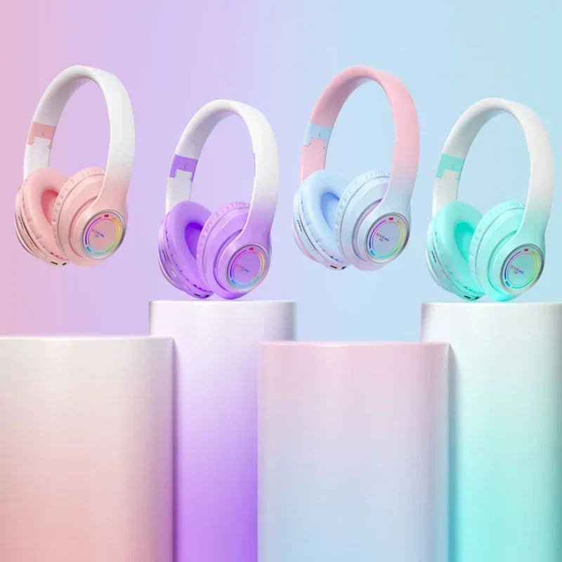 RGB Bluetooth Wireless Headphones For Girls Children's Headset with Microphone Support SD Card HIFi Stereo Gaming Earphone - Evallys.com