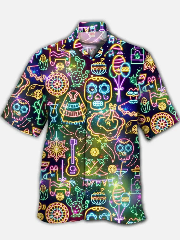 2024 Fashion Men's Hawaiian shirts Mexican Style Colorful Graffiti Art Poster Prints Short Sleeve Shirt Hawaii style clothing - Evallys.com