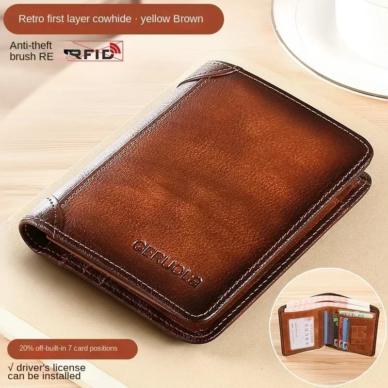 Men Wallet Genuine Leather Rfid Blocking Trifold Wallet Vintage Thin Short Multi Function ID Credit Card Holder Male Purse Money - Evallys.com