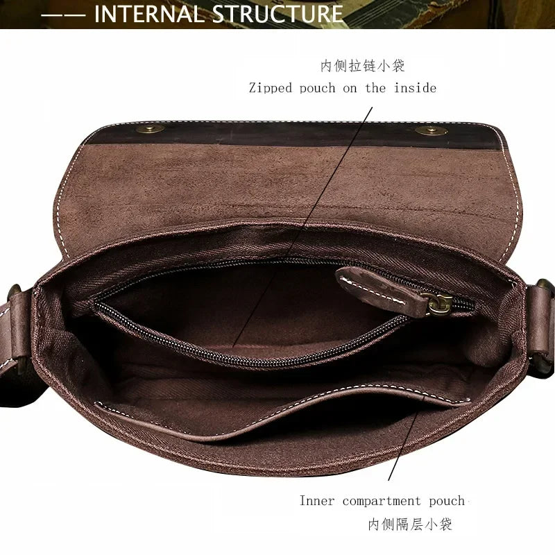 Crazy Horse Leather Men's Shoulder Bag Genuine Leather Small Bag Crossbody Cowhide Bag for Man High Quality Men Satchel Bags - Evallys.com