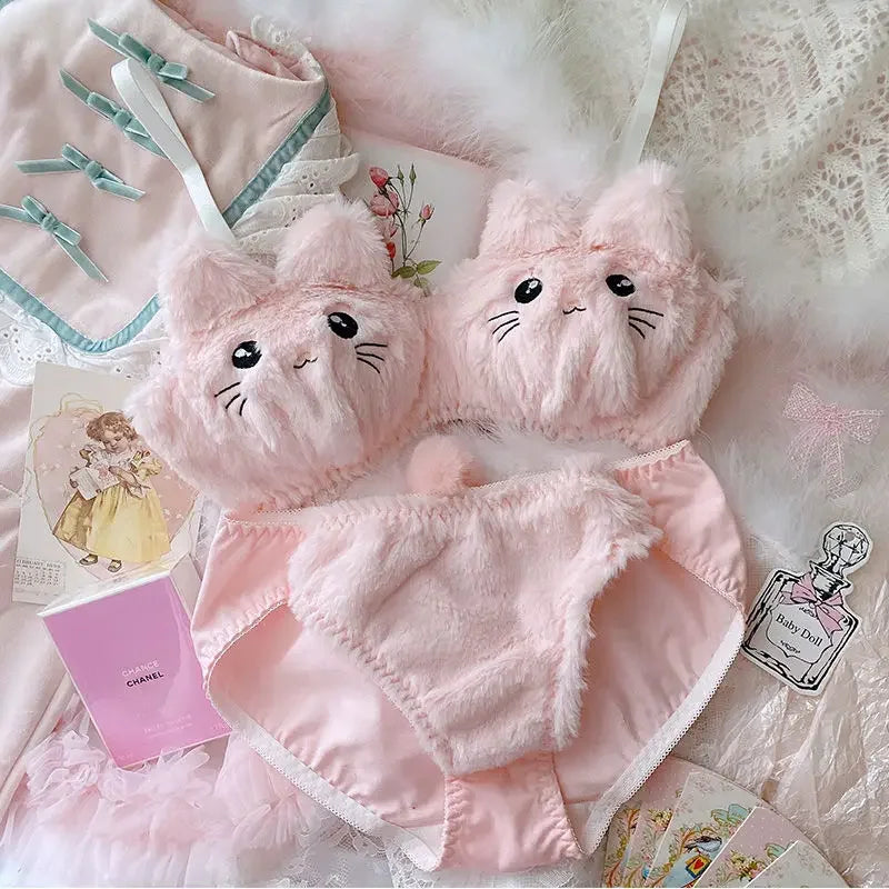 Japanese Girls Winter Soft Ropa Interior Cute Lingerie for Women Cartoon Bear Students Plush Sexy Bras Wireless Thin Bra Set - Evallys.com
