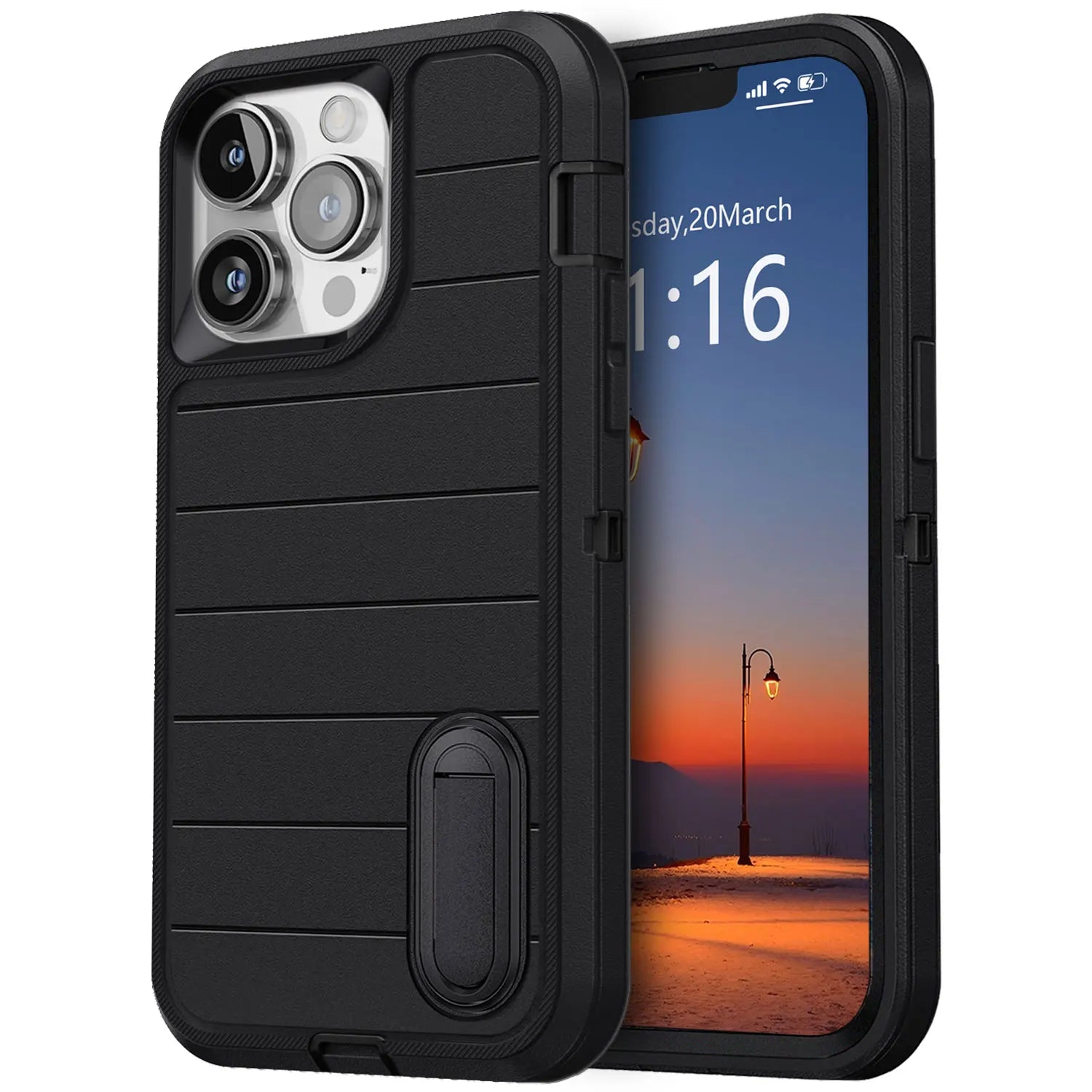 For iPhone 13/iPhone 13 Pro/iPhone 13 Pro Max 5G 3-Layers Heavy Duty Protective Kickstand Phone Cover Black Case - Evallys.com # #