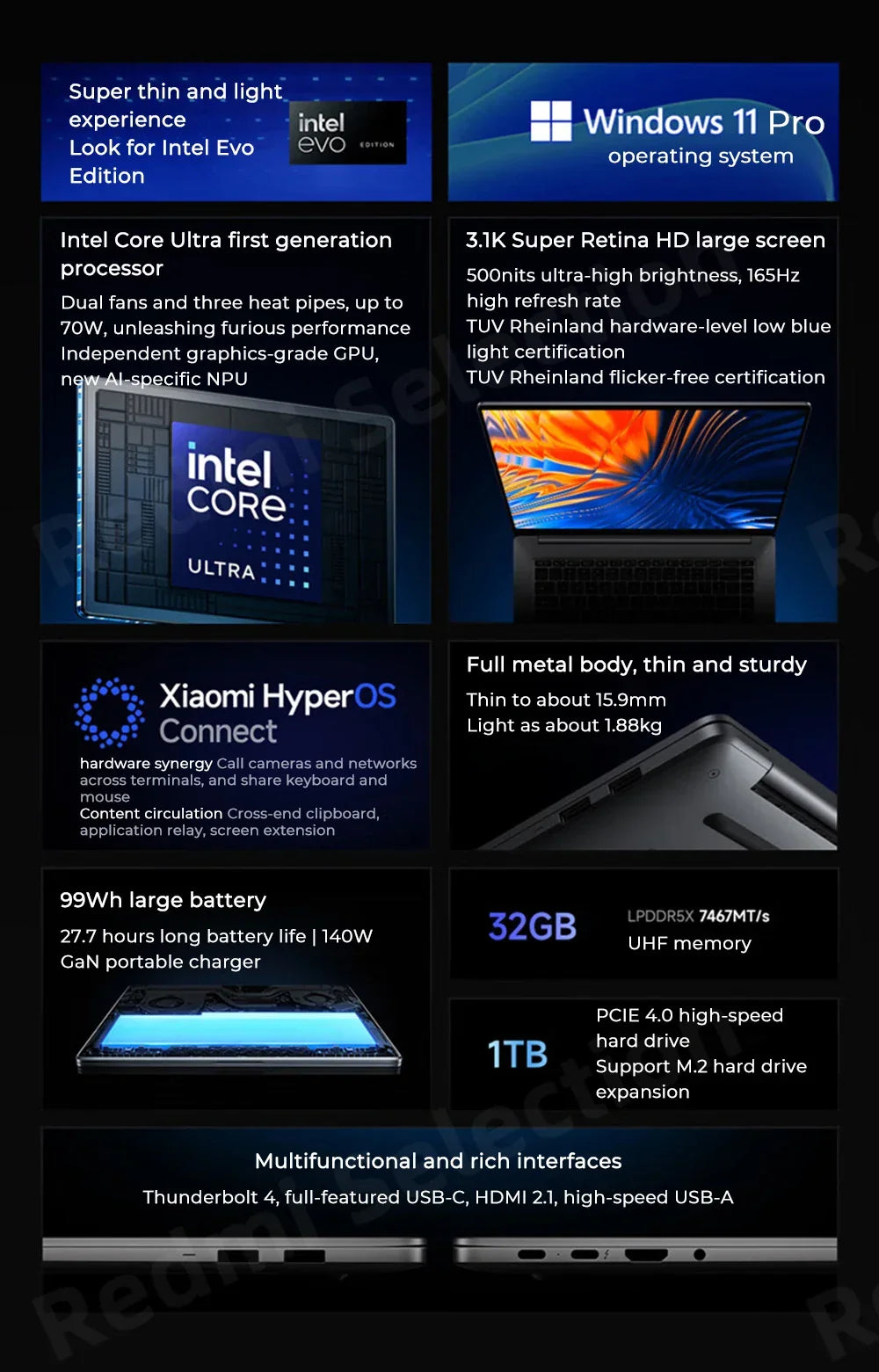 Xiaomi laptop 2024 RedmiBook Pro 16 Core Ultra 5-125H/Ultra 7-155H ARC Graphics 32GB DDR5 1TB SSD 16-inch 3.1K 165hz Screen Pc - Evallys.com
