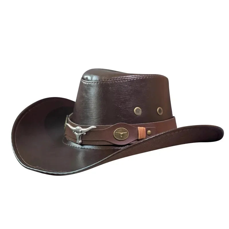 Faux Leather Cowboy Hat – Vintage Unisex Western Jazz Dress Cap - Evallys.com