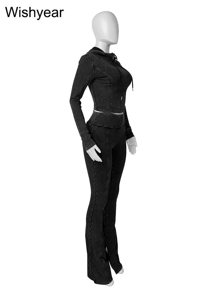 Sportswear Wash Retro Two 2 Piece Pants Set Sales Fall Winter Women Hoodies Jacket and Flared Trousers Suit Athletic Pink Outfit - Evallys.com