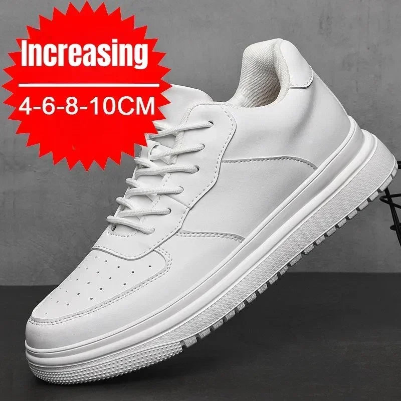 PDEP Men’s Elevator Sneakers – 10cm Height Increasing White Leather Shoes - Evallys.com