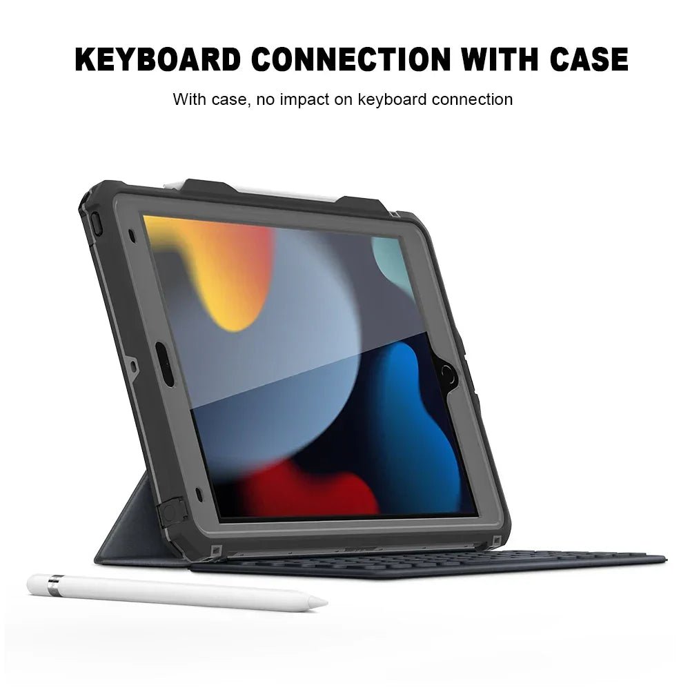 IP68 Waterproof Case Cover for Apple iPad 7 8 9 10.2" with Screen Protector Pencil Holder Water Resistant Kickstand Case w/Strap - Evallys.com