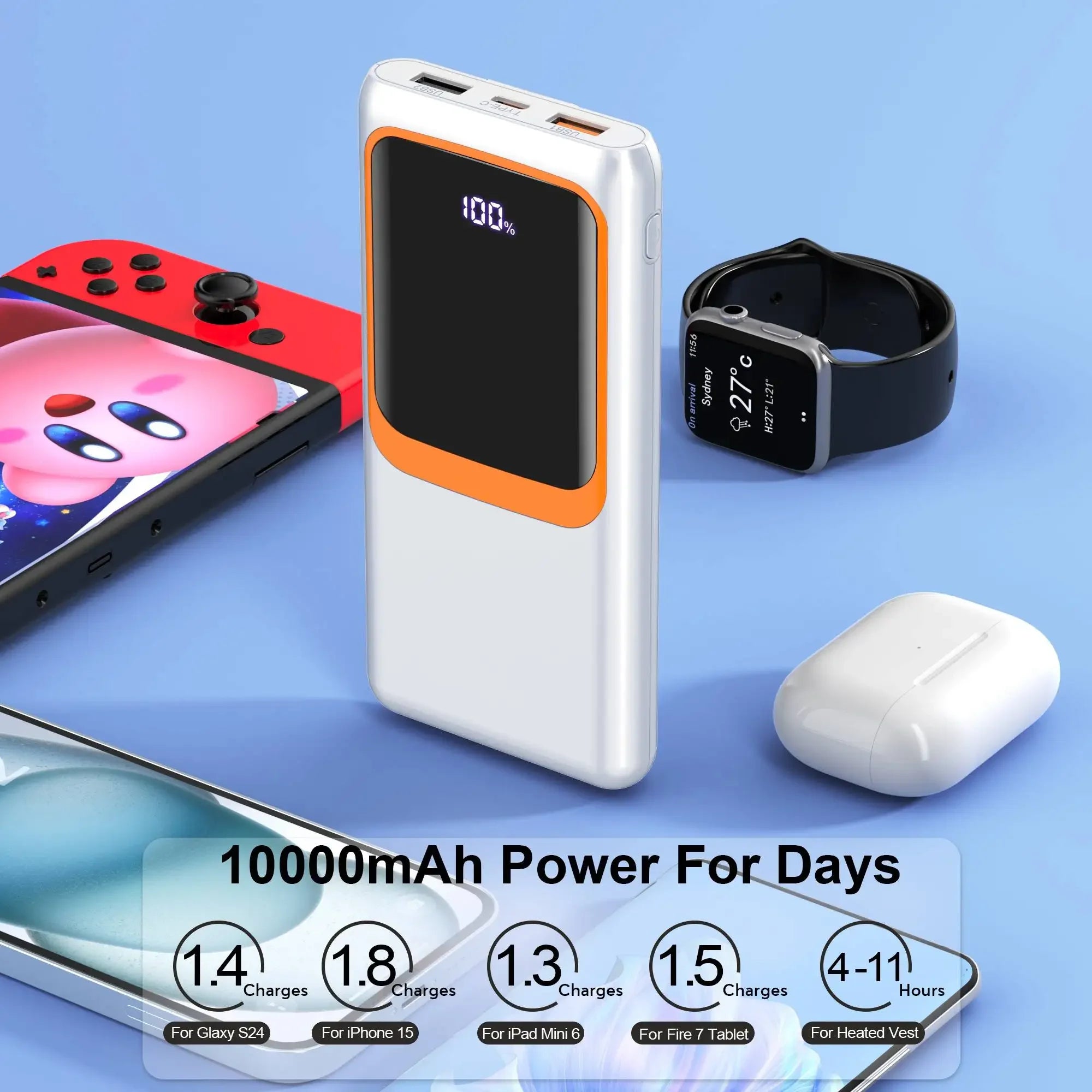 Power Bank Battery Pack Portable Charger 10000mAh with Built-in Cables, PD 22.5W, Slim Design, with LCD Display - Evallys.com