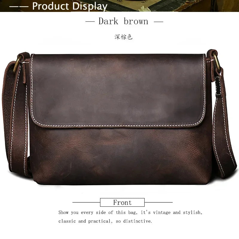 Crazy Horse Leather Men's Shoulder Bag Genuine Leather Small Bag Crossbody Cowhide Bag for Man High Quality Men Satchel Bags - Evallys.com