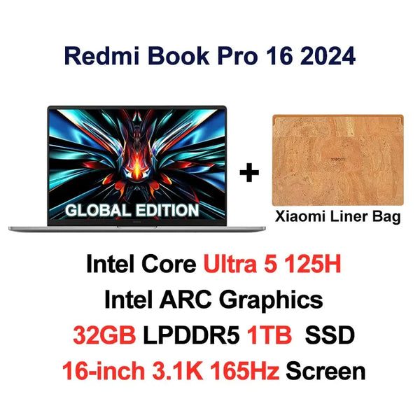 Xiaomi laptop RedmiBook Pro 16 2024 Core Ultra 5-125H/Ultra 7-155H ARC Graphics 32GB DDR5 1TB SSD 16-inch 3.1K 165hz Screen Pc