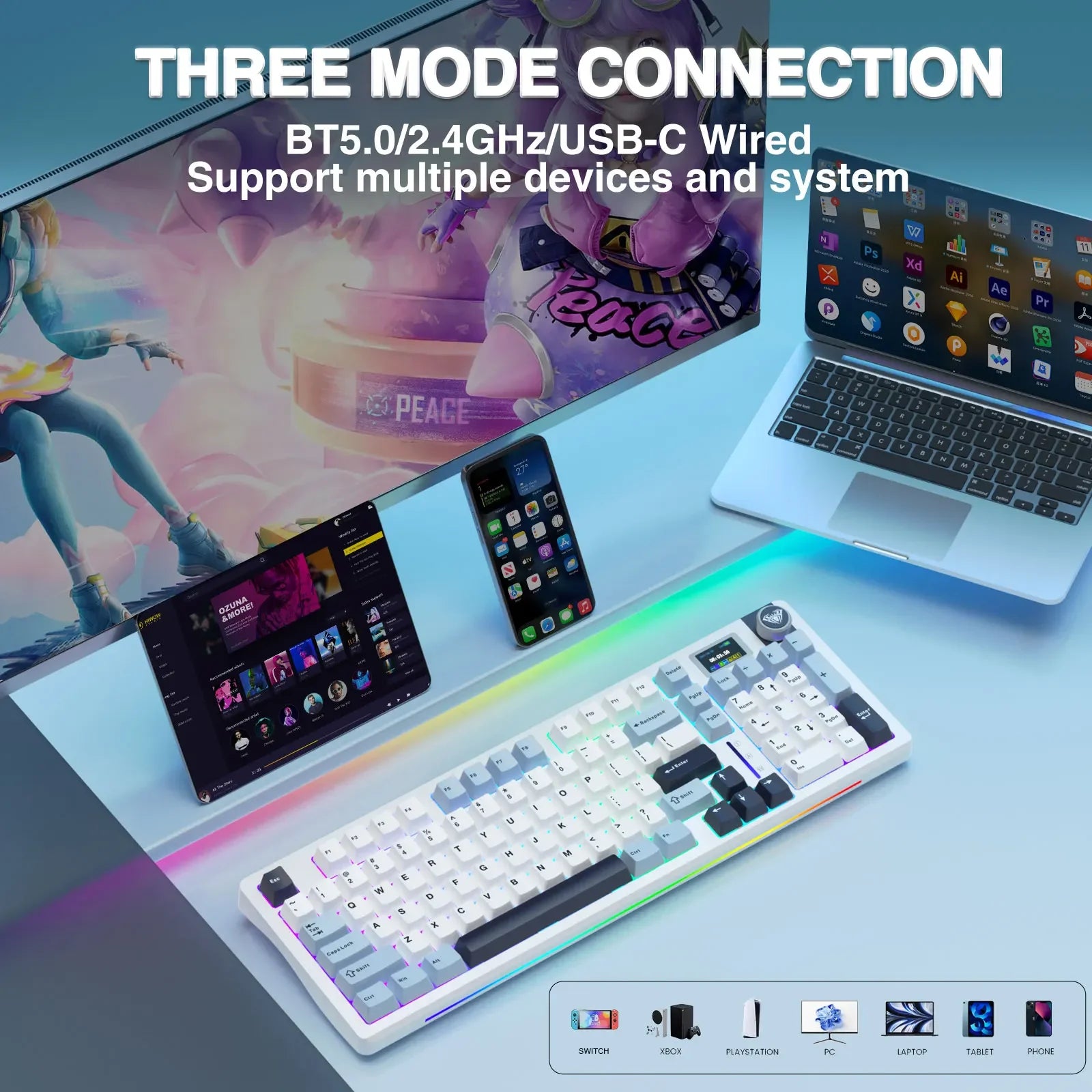 AULA S98pro Wireless Mechanical Keyboard Gasket Hot-swap Gaming Keyboard with Mini TFT Color Screen and Multi-function Knob - Evallys.com
