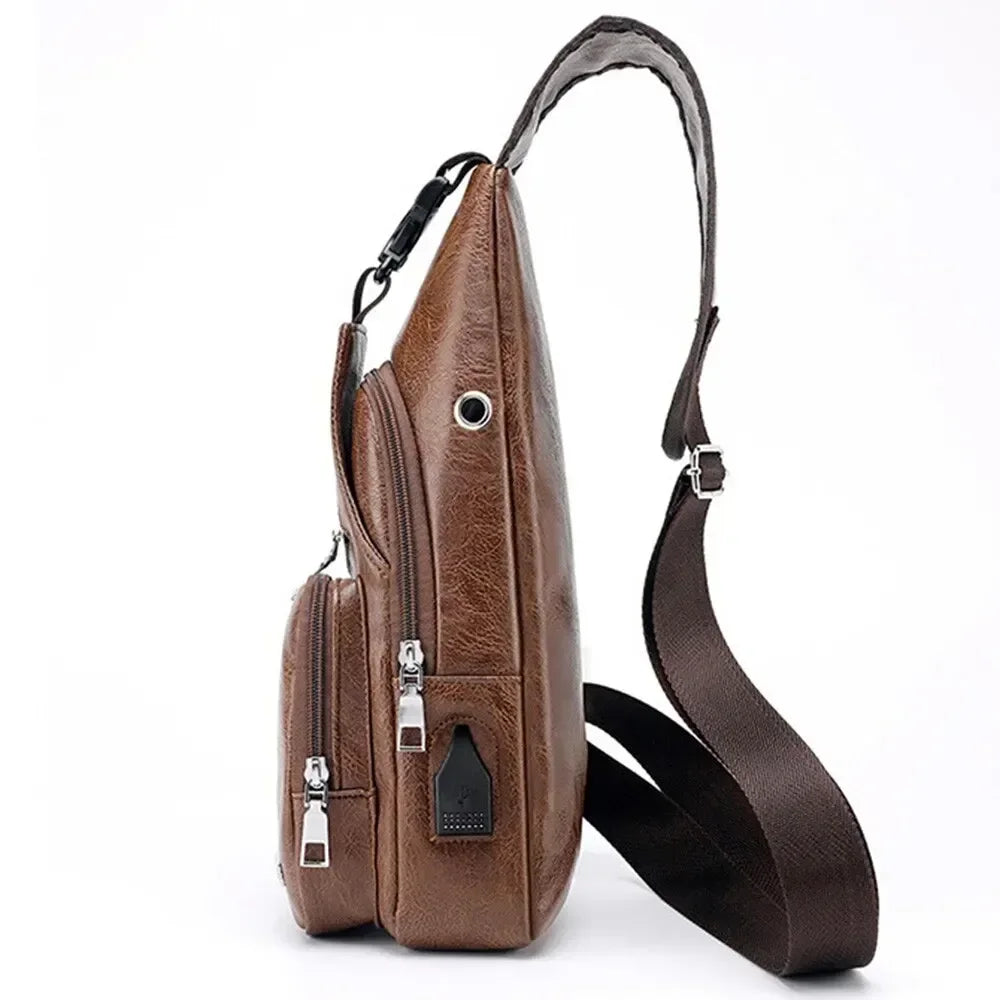 Men’s PU Leather Chest Bag – USB Charging Travel Crossbody Messenger - Evallys.com