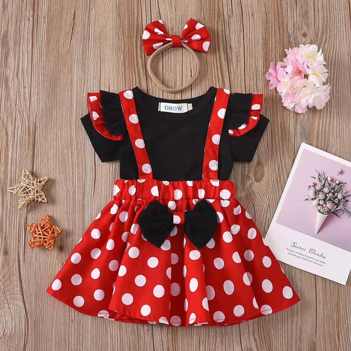 Minnie Mouse Girl Suit Children's Dress Baby Clothes Set Summer Birthday Costume Polka Dot Sundress Bow Headband Skirt Set - Evallys.com