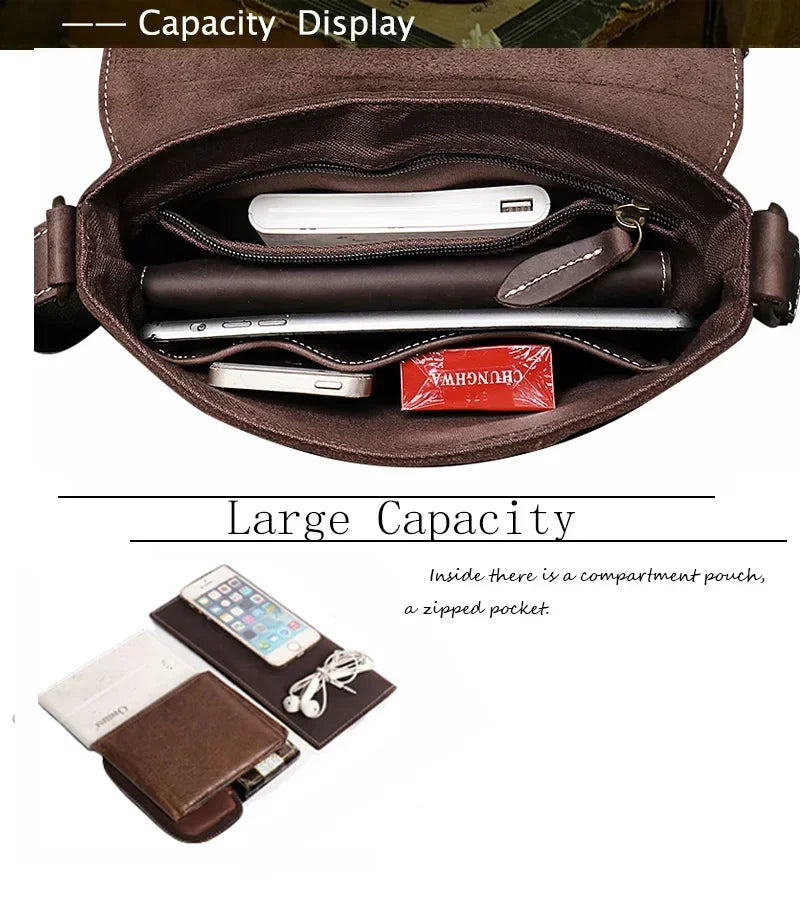 Crazy Horse Leather Men's Shoulder Bag Genuine Leather Small Bag Crossbody Cowhide Bag for Man High Quality Men Satchel Bags - Evallys.com