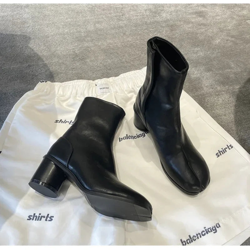2024 Autumn Winter Soft Leather Split toe Tabi Women Ankle Boots Fashion Thick High heels Chunky Shoes Ins Style Short Booties - Evallys.com