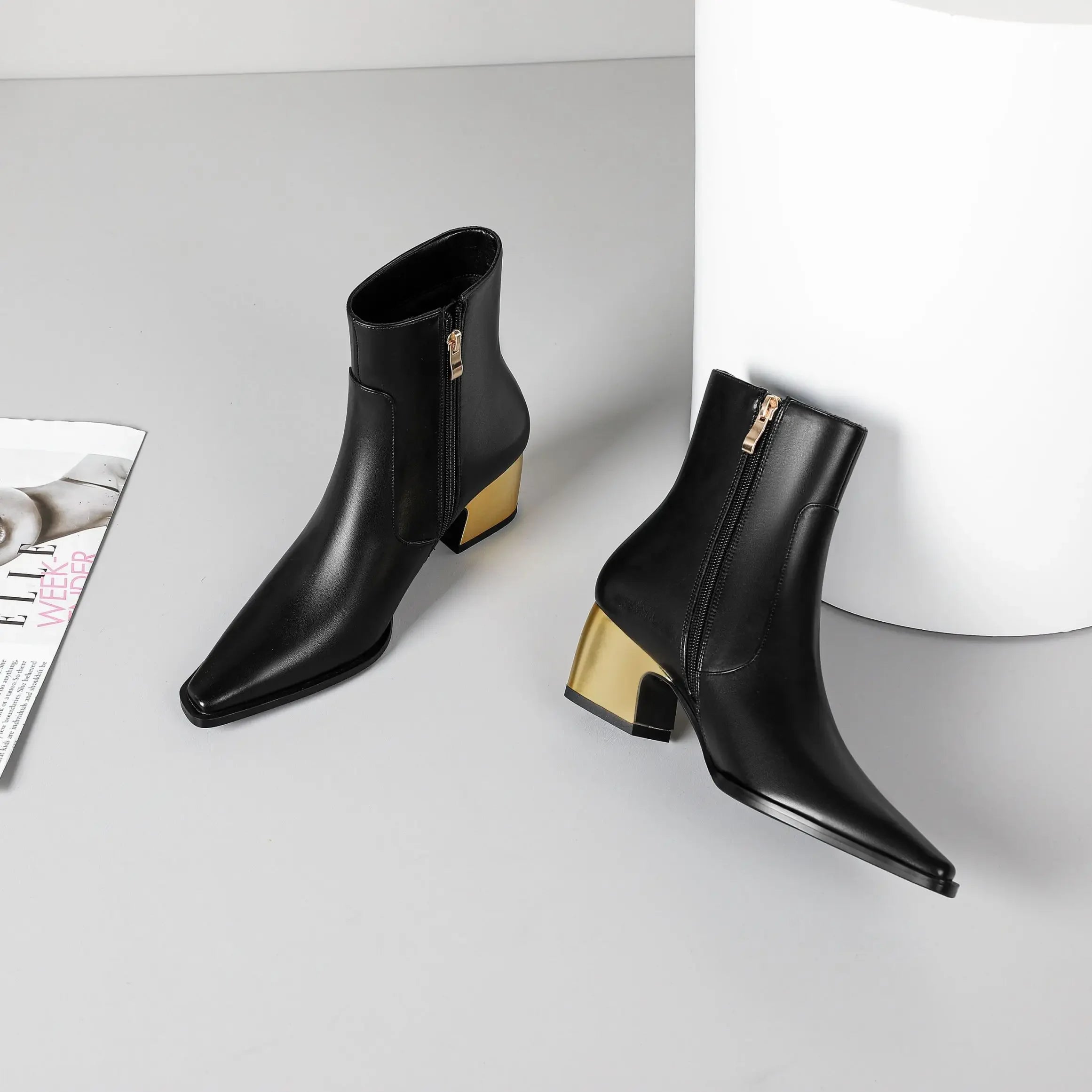Booties for Women Wide Calf Gold Chunky Heel Elegant Dress Boots - Evallys.com