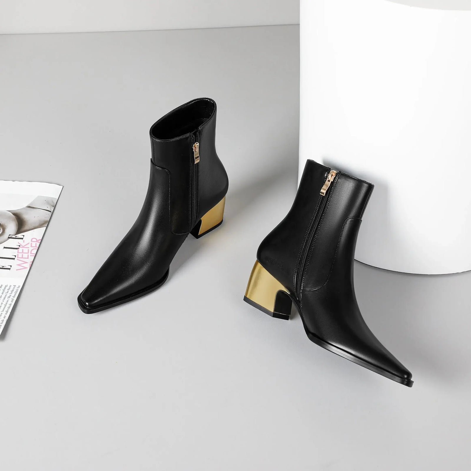 Booties for Women Wide Calf Gold Chunky Heel Elegant Dress Boots - Evallys.com