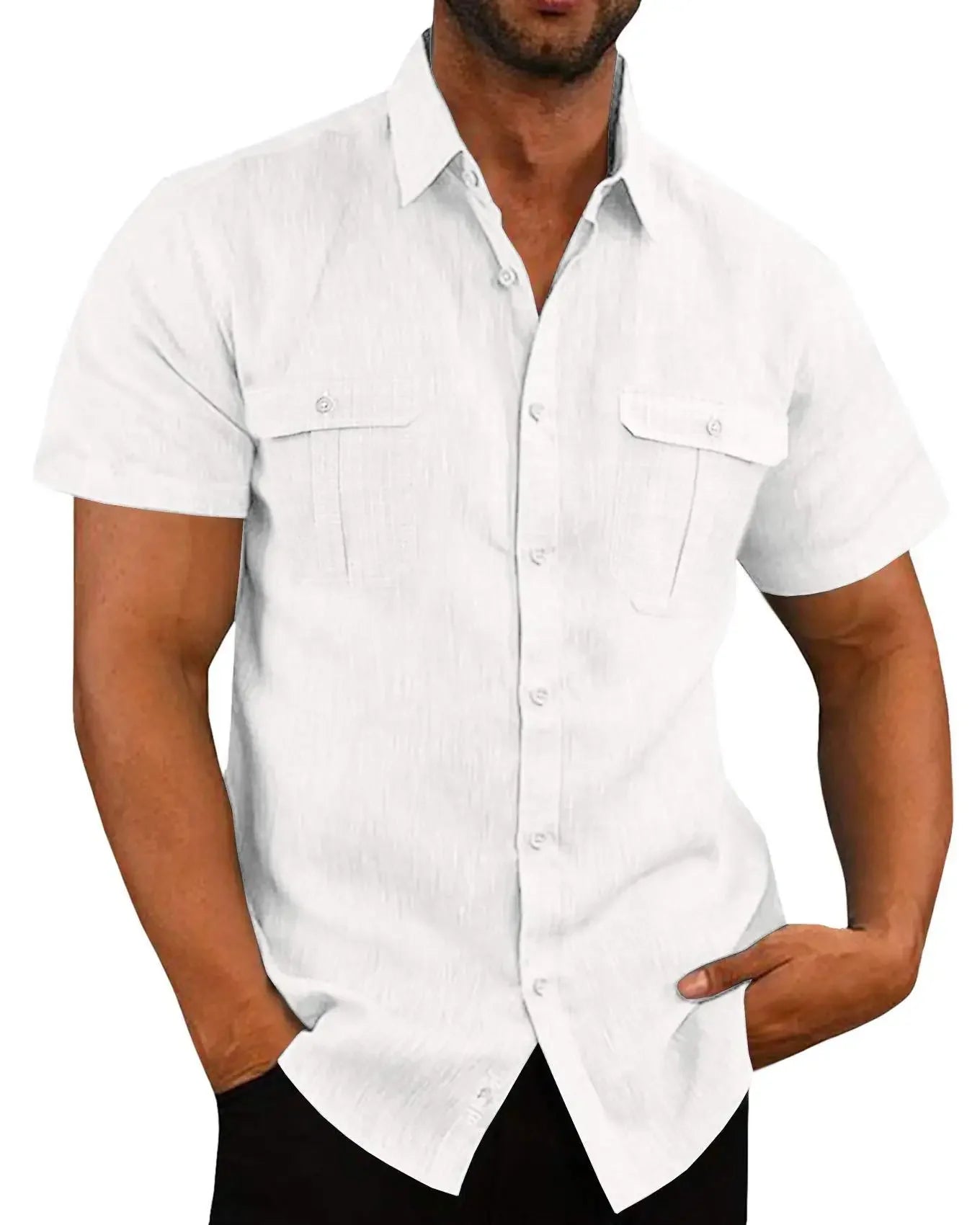 Cotton Linen Hot Sale Men Short-Sleeved Shirts Summer Solid Color Stand-Up Collar Casual Beach Style Plus SizeMale Shirts M-5XL - Evallys.com