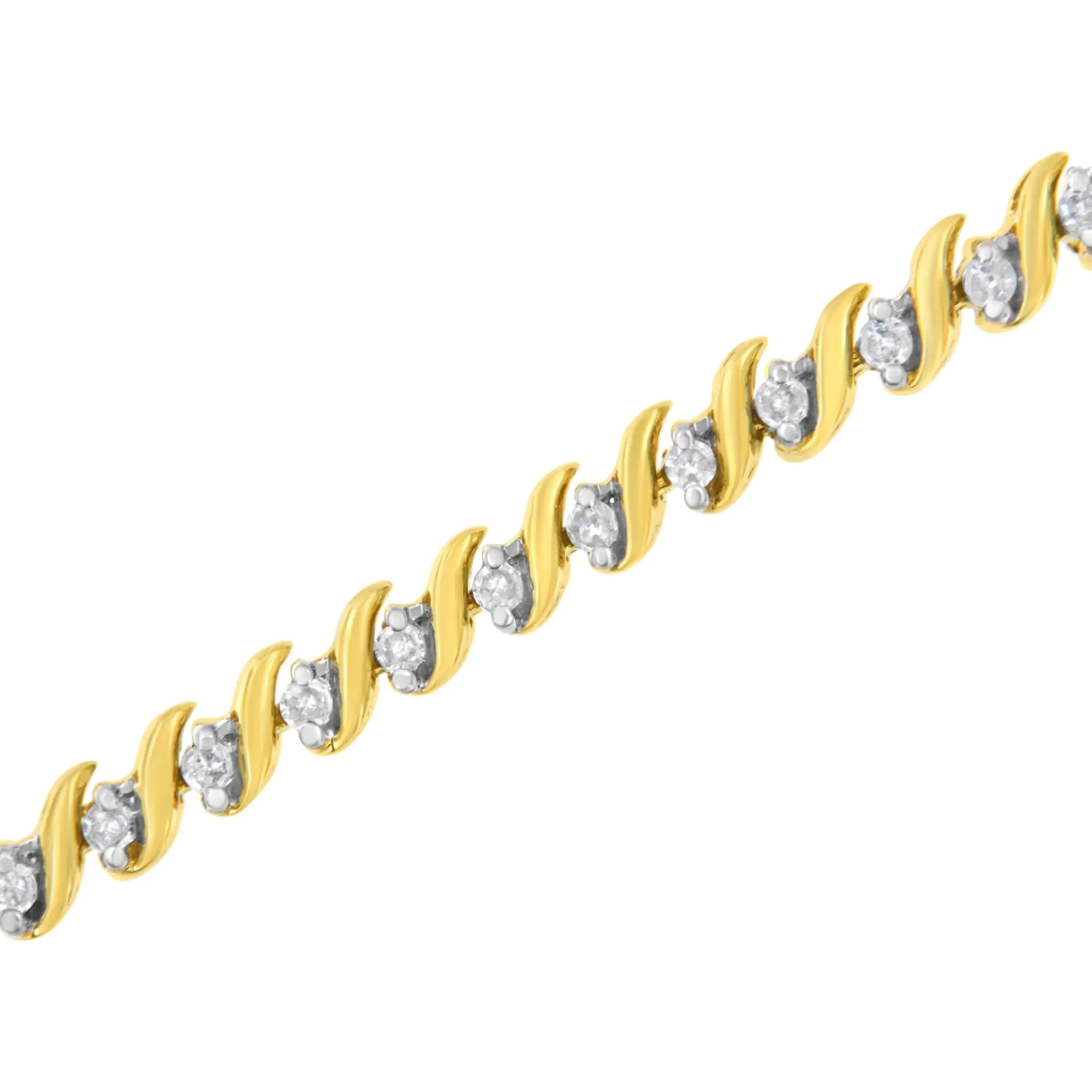 10K Yellow Gold Plated .925 Sterling Silver 1/2 Cttw 2-Prong Set Diamond S Link Tennis Bracelet (I-J Color, I3 Clarity)- 7.25" - Evallys.com # #