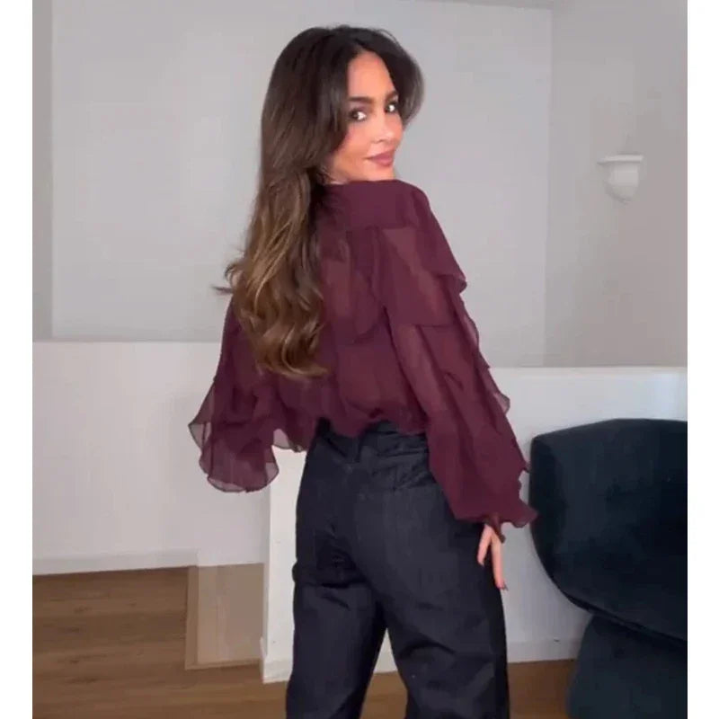 MUJER Ruffle Blouse – Semi Sheer Chiffon Fairy Shirt for Women 2025 - Evallys.com
