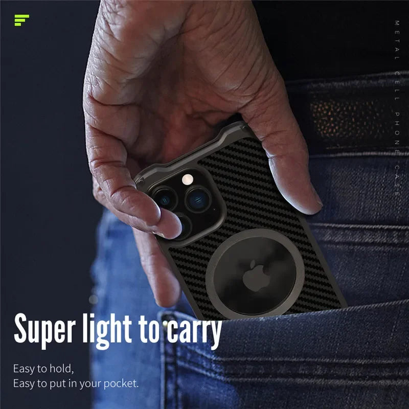 Carbon Fiber Lens Protection Phone Case for iPhone 14 Plus 12 13 Pro Max Mini Compatible with MagSafe Metal Bumpers Cover - Evallys.com