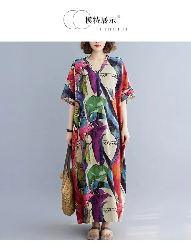 Vintage Cotton Summer Maxi Dress – Harajuku Floral Beachwear - Evallys.com