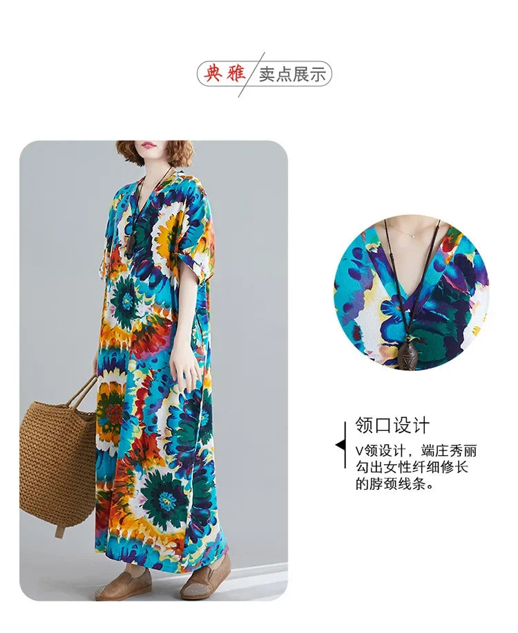 Boho Floral Maxi Dress – Cotton Linen V-Neck Summer Beach Wear - Evallys.com