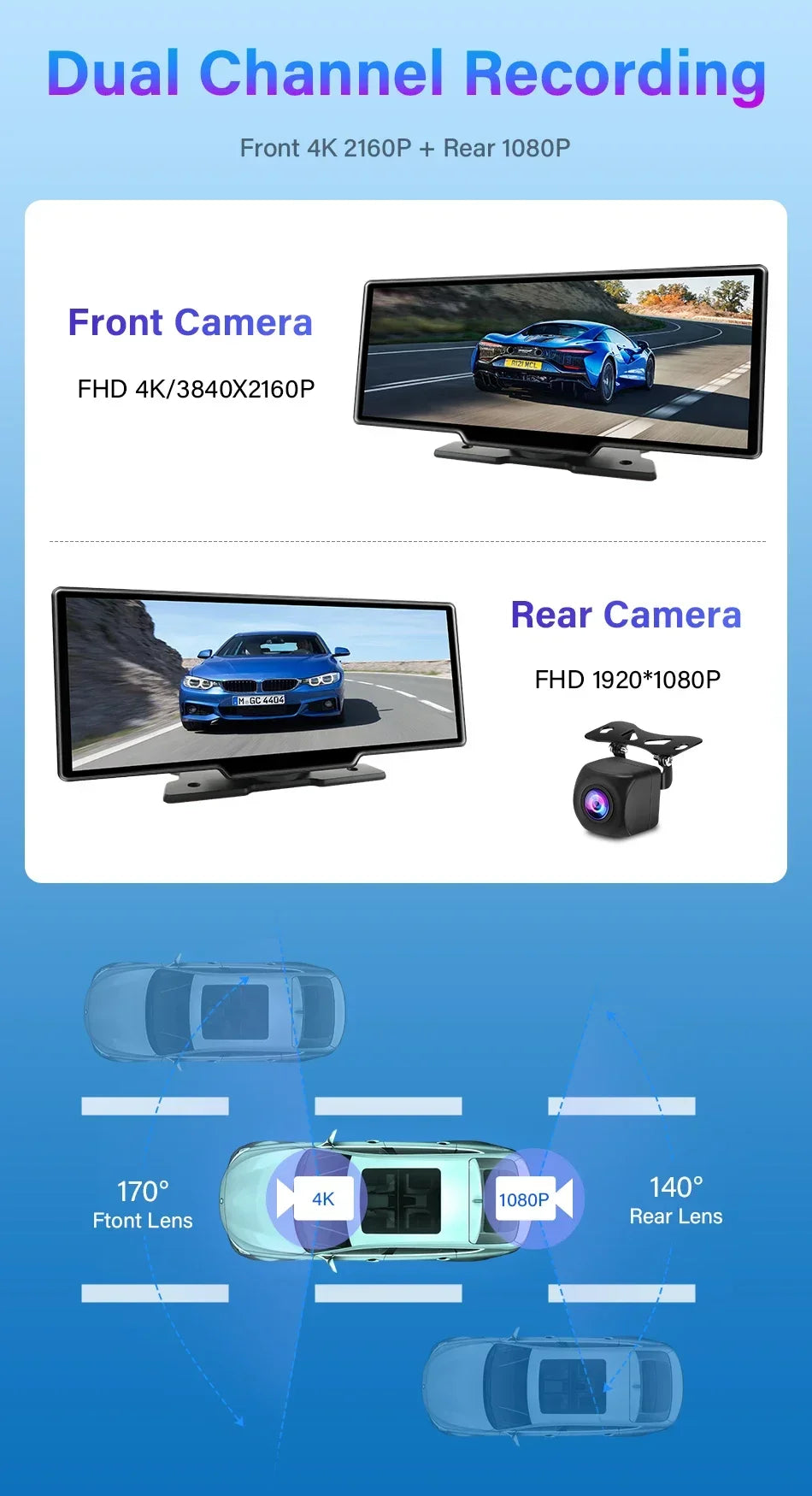 10.26'' Dash Cam 4K Car Mirror Video Player Wireless Carplay Android Auto GPS Car Monitor Multimedia Rearview Camera Dashboard - Evallys.com