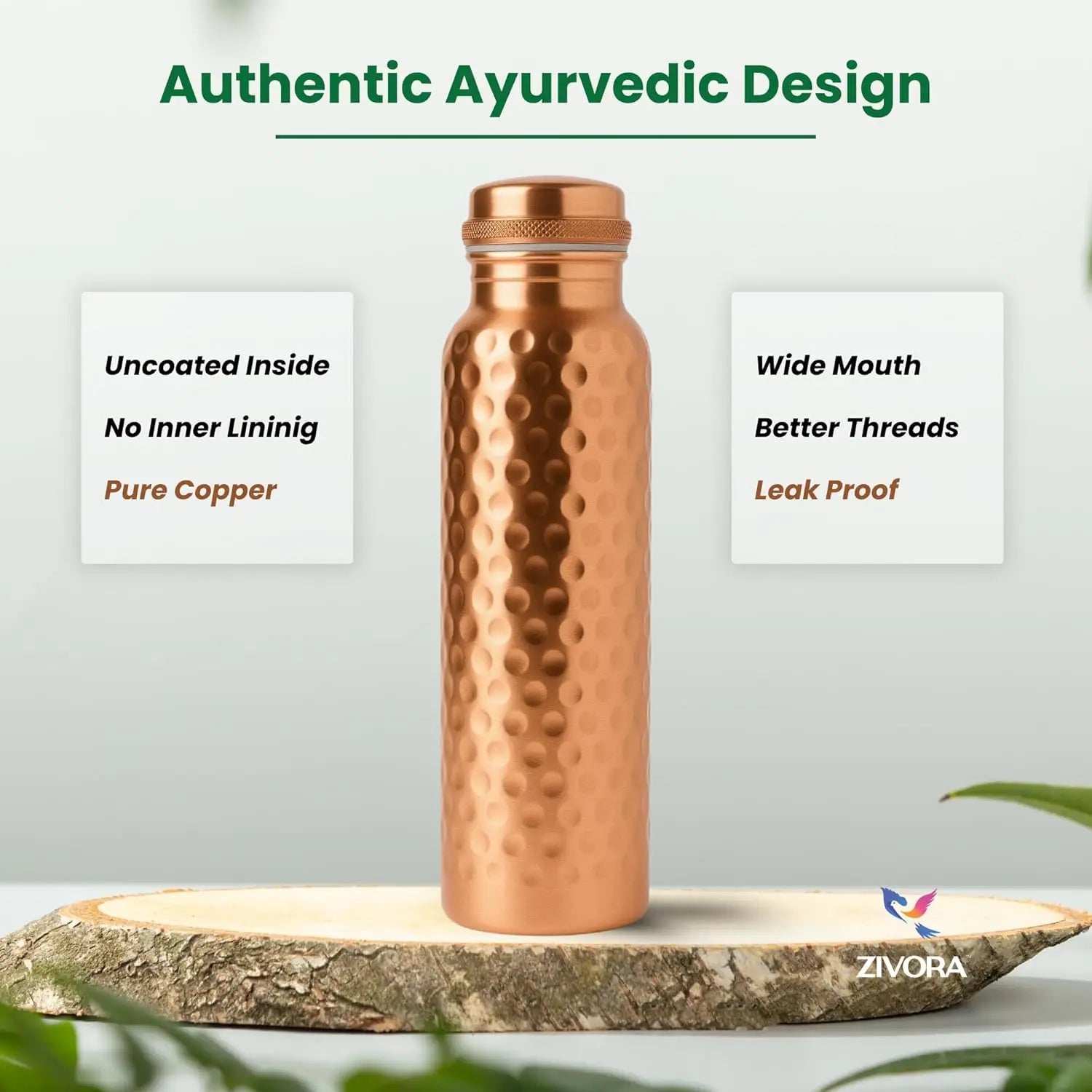 100% Pure Copper Water Bottle 34oz, Leak-Proof, Lab Tested, Enhances Taste, Ideal for Yoga & Fitness