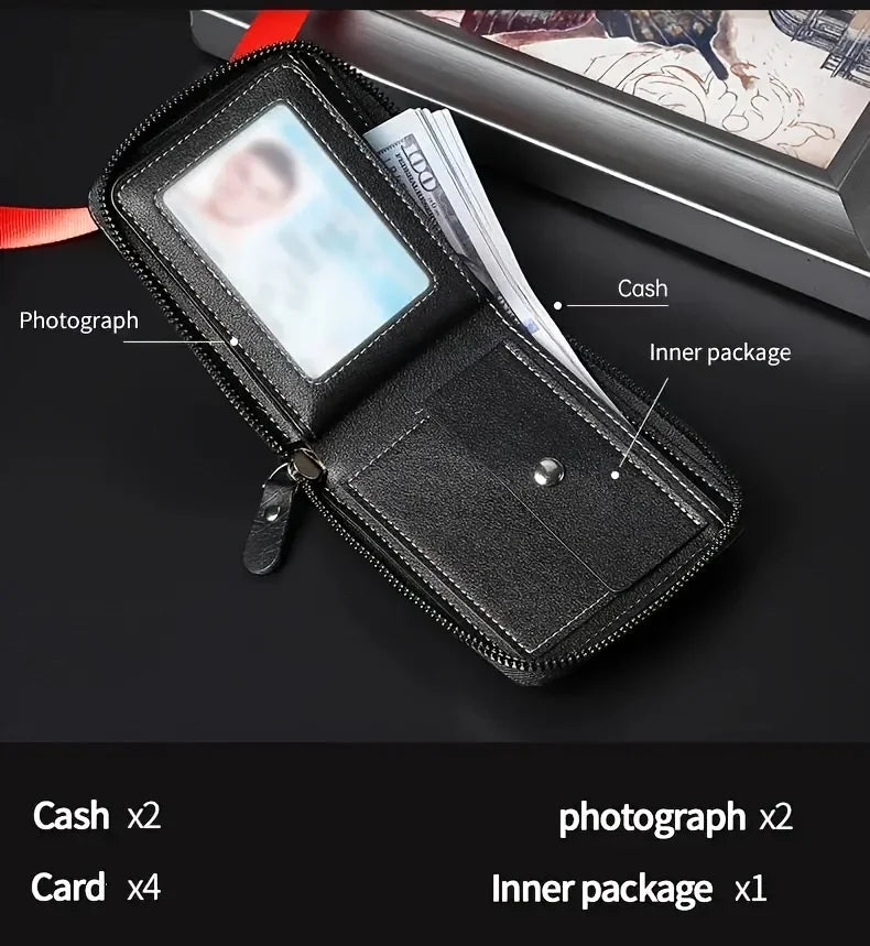 1pc faux Leather Wallet for Men - Premium Retro Letter Embossed Design, Multiple Credit Card Slots, Zipper Closure, Stylish Gift - Evallys.com