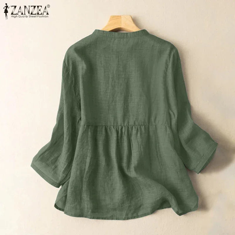 ZANZEA 2025 Spring Summer Blouses Casual Women Shirts Solid Color 3/4 Sleeve Buttons Cotton Linen Blusas Solid Top Casual Tunic - Evallys.com