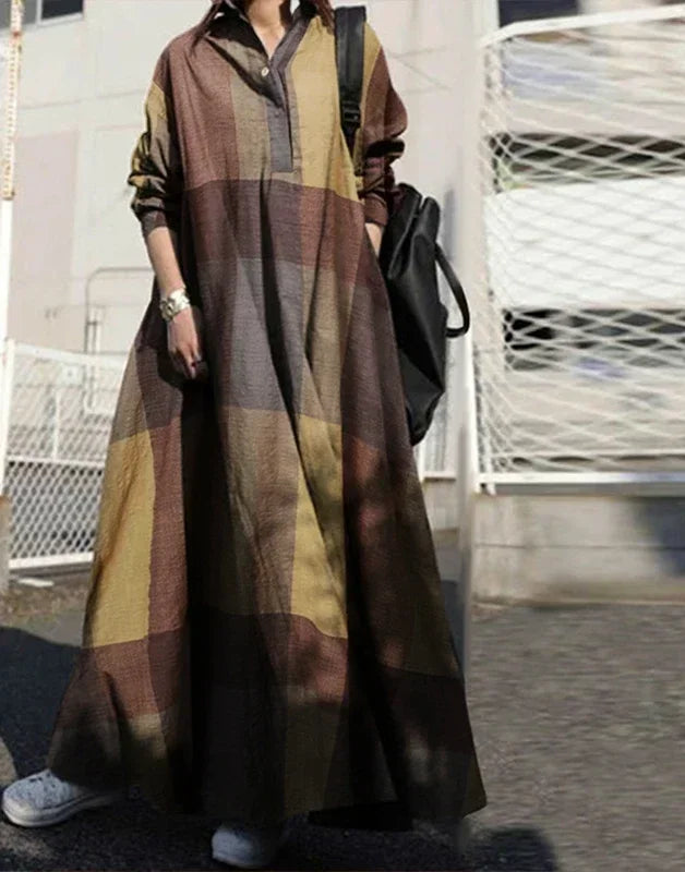 Vintage Cotton Linen Shirt Dress Women’s Autumn Long Maxi Robe - Evallys.com