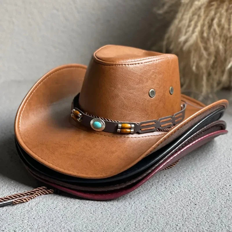 Faux Leather Cowboy Hat – Vintage Unisex Western Jazz Dress Cap - Evallys.com