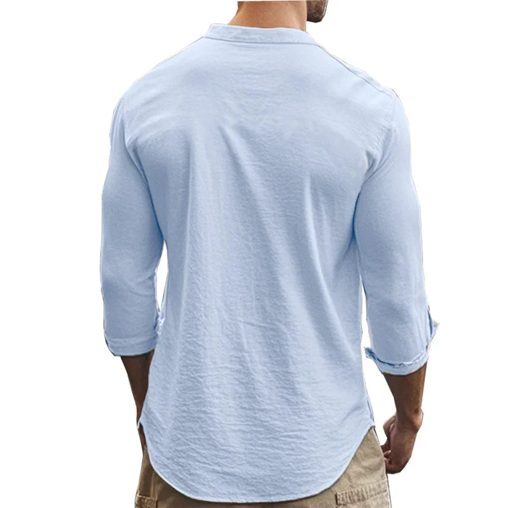 Men's Henry Shirts Cotton Linen Slim Fit Causal Hawaiian Solid Color Basic Style Spring Summer Breathable Men Clothing - Evallys.com