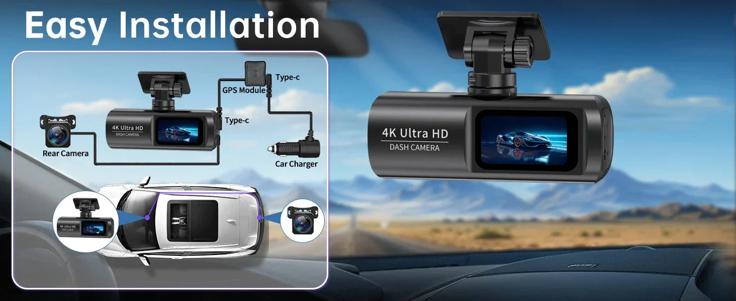 UHD 4K Dash Cam Dual Lens Driving Recorder Car DVR 1080P Rear Lens Camera Built-In WiFi GPS 24-Hour Parking Monitoring Black Box - Evallys.com