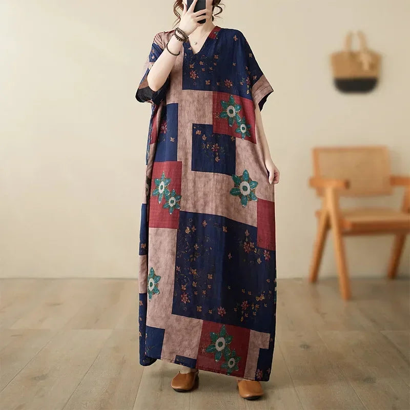 Vintage Cotton Summer Maxi Dress – Harajuku Floral Beachwear - Evallys.com