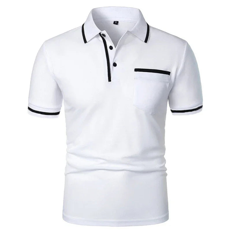 New Men's Short Sleeve Polo Shirts Solid Color Casual T-shirt Summer Trendy Breathable Loose Basic Splice Top Pockets Men Shirts - Evallys.com
