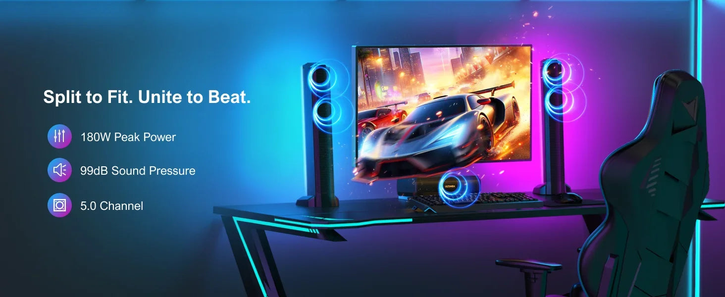 ULTIMEA 180W 5.0 Sound Bar for tv, PC SoundBar with RGB for Home Theater, Detachable Soundbar with App Control, HDMI-ARC/Opt/AUX - Evallys.com