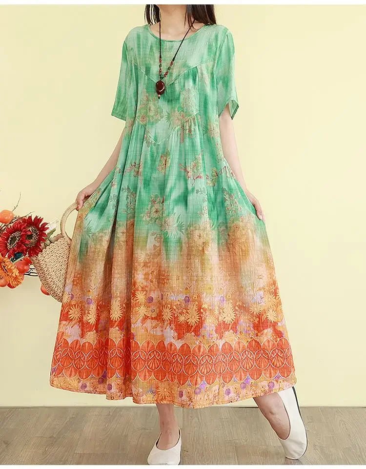 Retro Cotton Linen Dress – Summer Print Loose Long Maxi Dress - Evallys.com