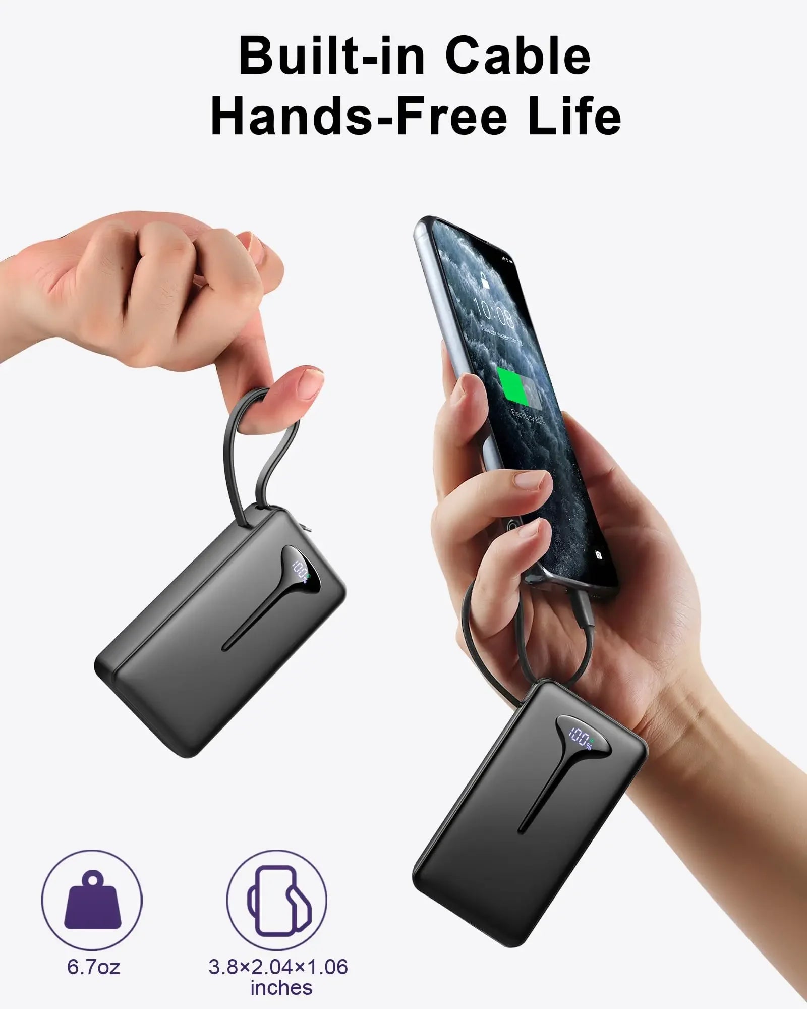 10000mAh Portable Charger Power Bank with 22.5W Fast Charging, USB-C In&Out, Built-in Cable,Travel Essentials for iPhone,Android - Evallys.com