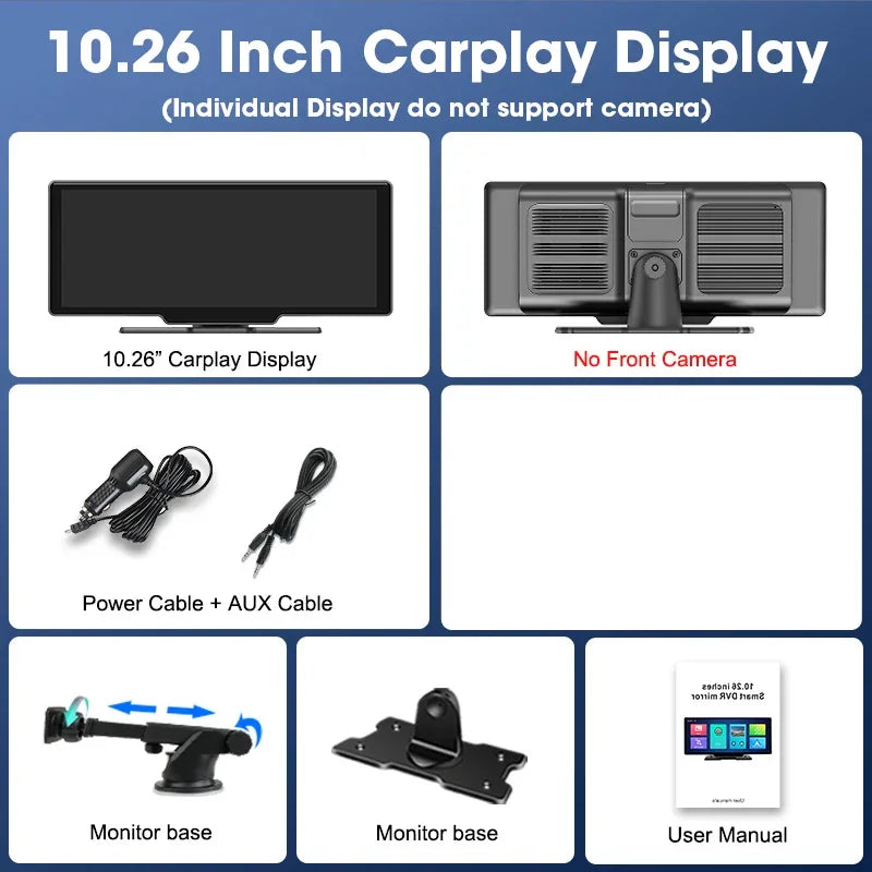 10.26'' Dash Cam 4K Car Mirror Video Player Wireless Carplay Android Auto GPS Car Monitor Multimedia Rearview Camera Dashboard - Evallys.com