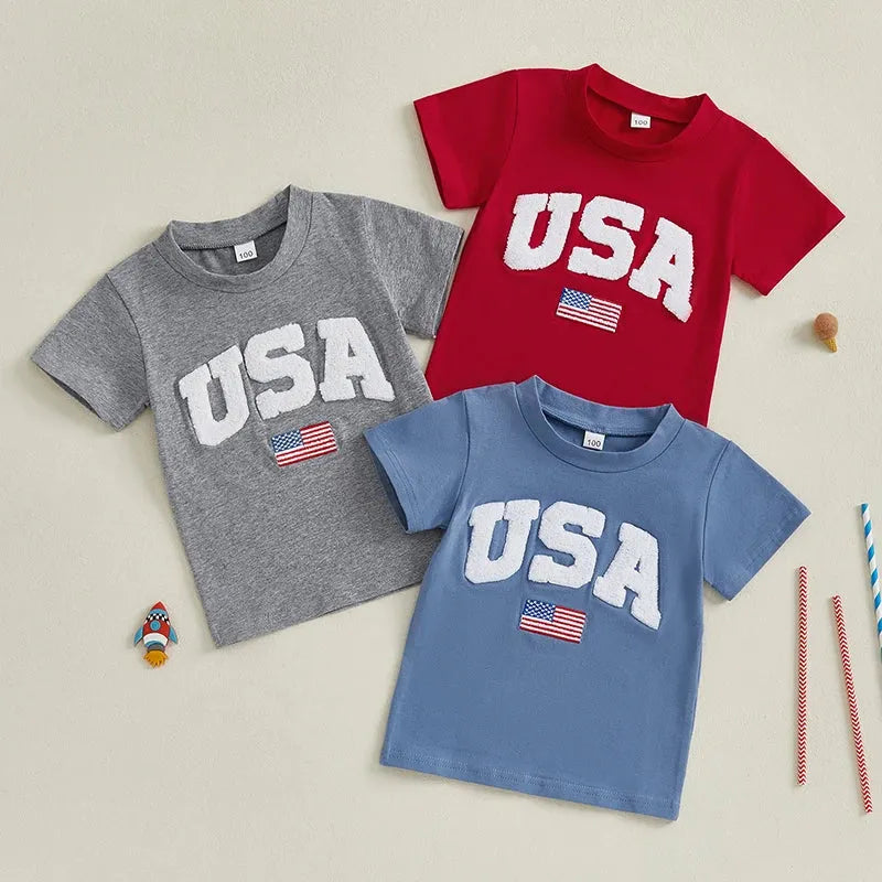 Independence Day Kids T-Shirt with USA Flag Embroidery Patriotic Short Sleeve Tee for Boys Loose Fit Summer Top - Evallys.com